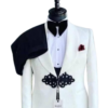 White wedding with black butterfly buttonxedo ——–Experience sophistication and timeless style with our impeccably tailored wedding suit.