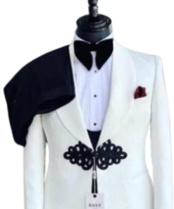 White wedding with black butterfly buttonxedo ——–Experience sophistication and timeless style with our impeccably tailored wedding suit.