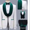 White wedding with green Tuxedo ——–Experience sophistication and timeless style with our impeccably tailored wedding suit.