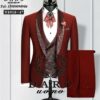 Wine tuxedo with designed vest ——–Experience sophistication and timeless style with our impeccably tailored wedding suit.