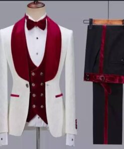 White wedding with wine Tuxedo --------Experience sophistication and timeless style with our impeccably tailored wedding suit.